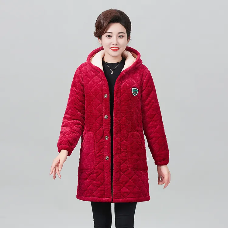 六荷秋冬大码女棉衣加绒加厚中老年中长款大码罩衣棉服妈妈装1911