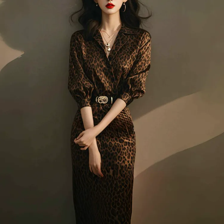 早秋新款法式复古气质高冷御姐风小个子豹纹衬衫式连衣裙子女女款
