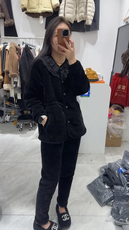 冬季保暖三层加厚加绒蕾丝领家居服套装小香风