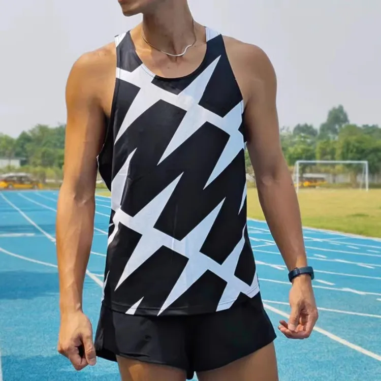 马拉松速干印花背心田径训练服男士运动弹力透气跑步队服团体服
