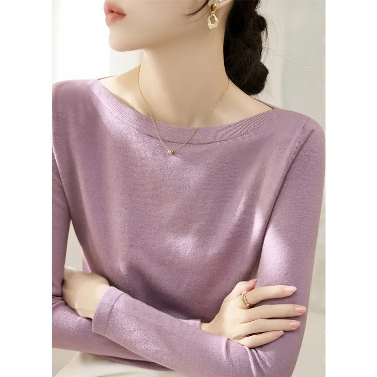秋冬季新款时尚一字领纯色针织打底衫百搭羊毛简约修身长袖上衣女