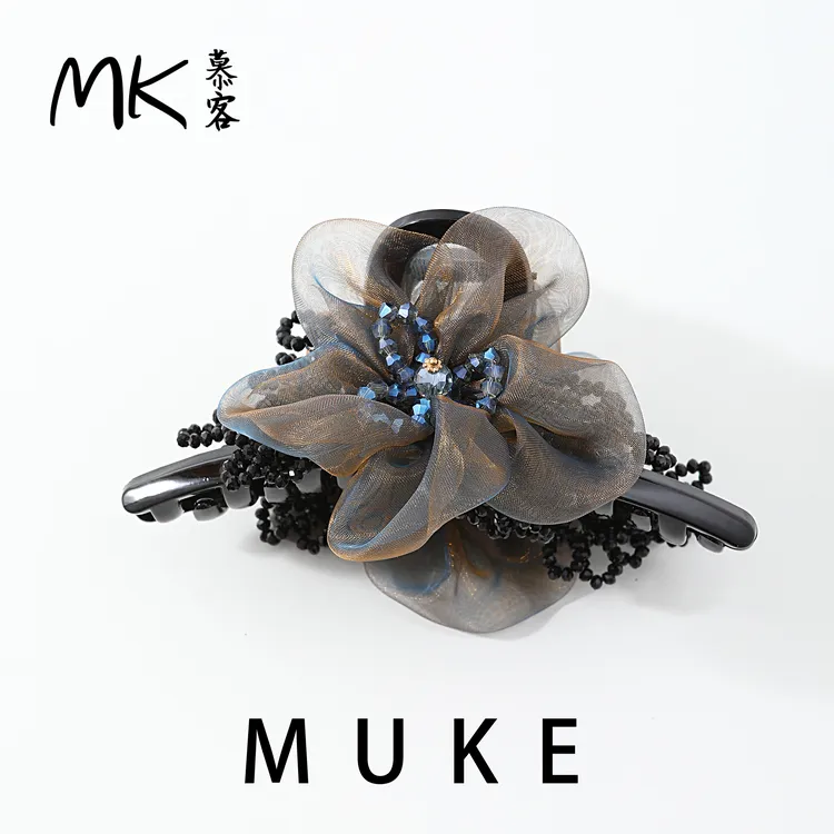 慕客轻奢高品质布艺发饰复古娟纱13公分后脑勺抓夹水晶珠子发饰