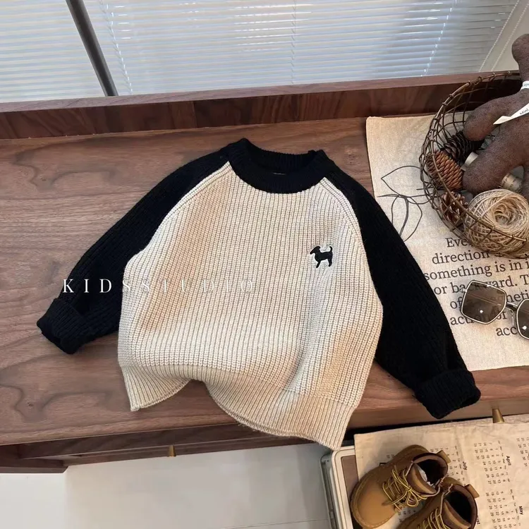 505儿童毛衣2023款秋冬韩版刺绣洋气圆领插肩袖针织加厚男童毛衣