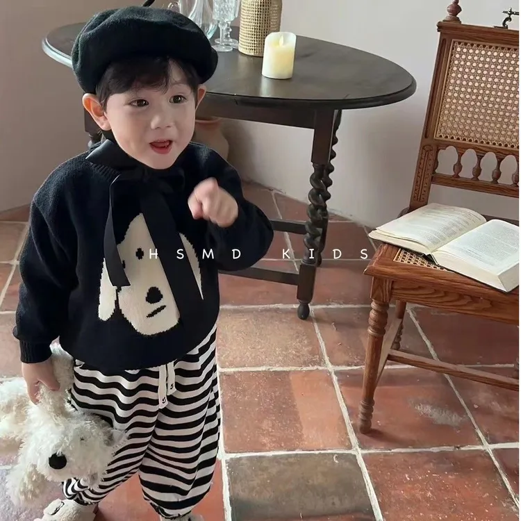 DX19系男童毛衣春秋2023洋气童装韩版男宝潮酷痞帅黑色针织上衣