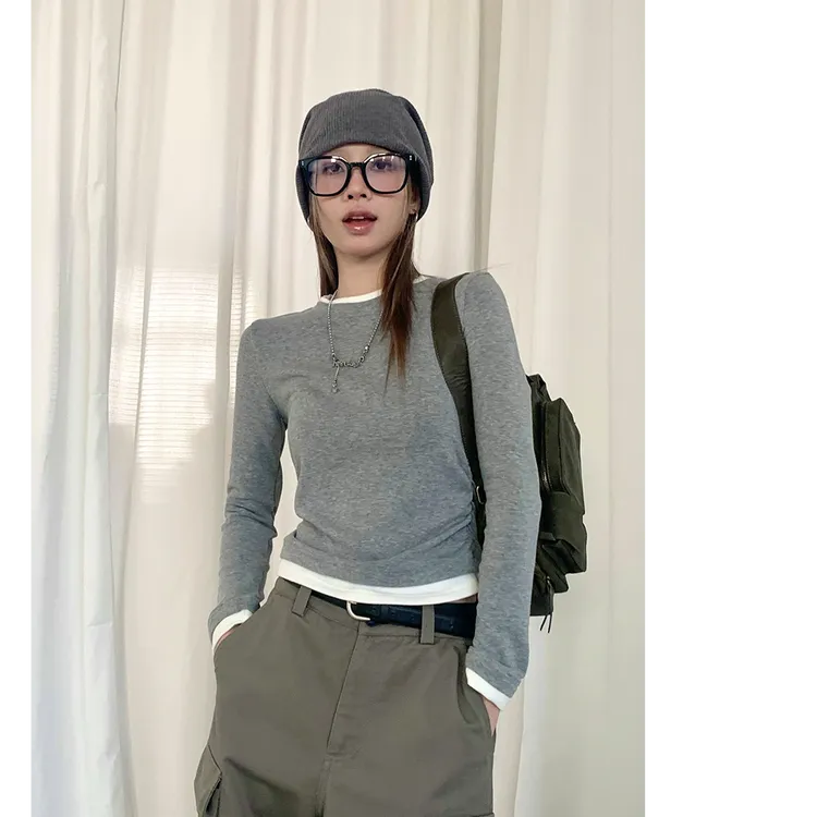 灰色螺纹圆领打底衫女2025年新款春秋长袖T恤内搭拼接假两件上衣