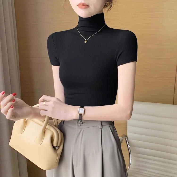 黑色螺纹高领短袖t恤打底衫女夏春秋季 2024新款洋气内搭紧身上衣