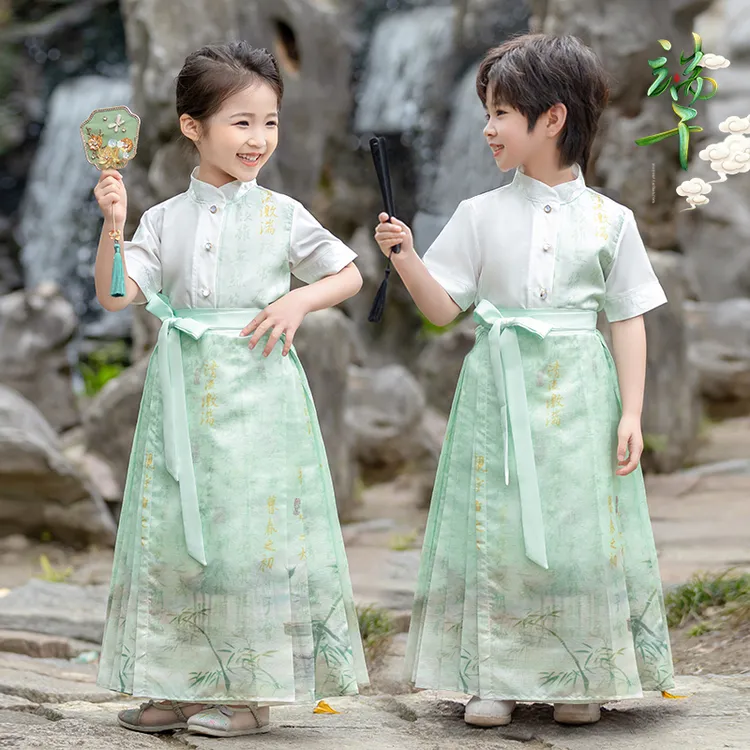 端午节男童女童绿色汉服儿童中国风合唱演出服幼儿小学生诗歌朗诵