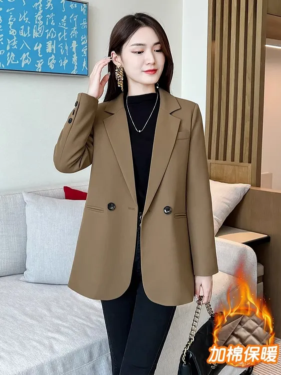 大码时尚小西服2024女秋冬新款加厚夹棉显瘦洋气西装外套