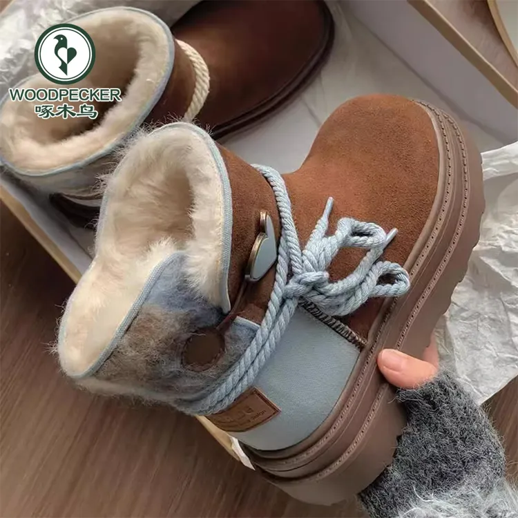 啄木鸟小众厚底雪地靴女皮毛一体2024新款冬季加绒加厚保暖马丁靴