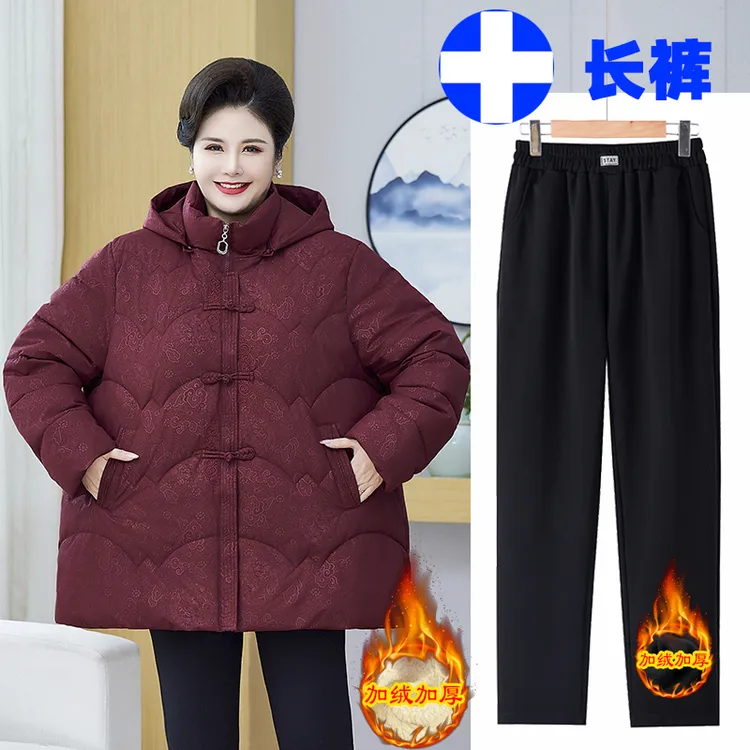 胖妈妈冬季加绒加厚连帽外套中老年女加肥加大保暖棉袄老太太棉衣