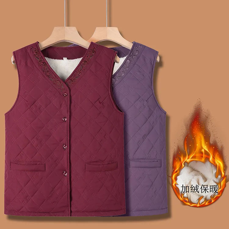 妈妈马甲秋冬加厚女加绒纯色大码中老年女装保暖背心60-80岁马夹