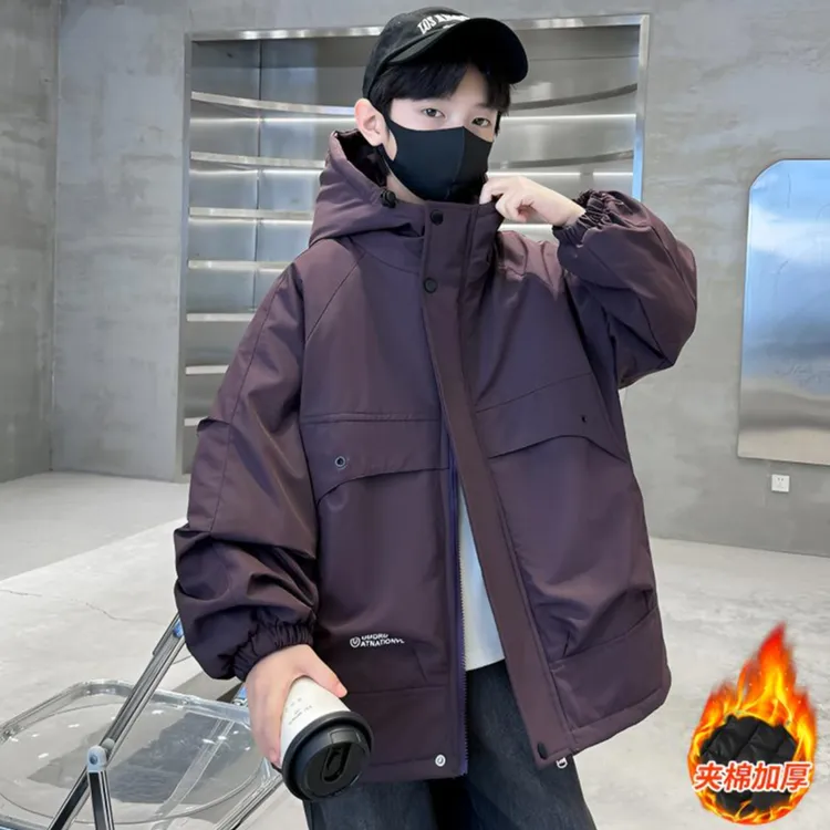 男童夹棉外套秋冬款2025新款二棉加厚男孩冬季儿童休闲工装冲锋衣