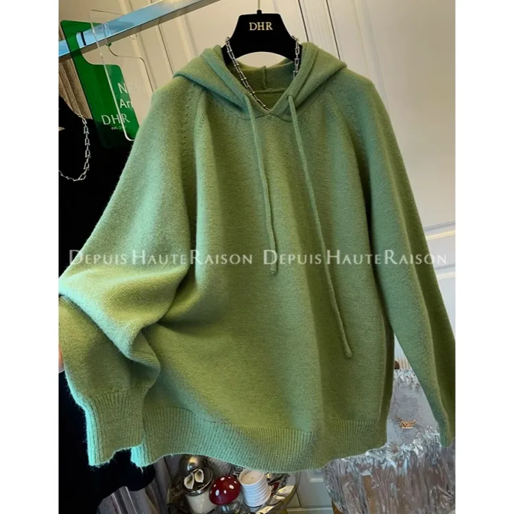 慵懒风连帽纯色毛衣女秋冬季韩版宽松胖妹妹大码显瘦遮肉上衣ins