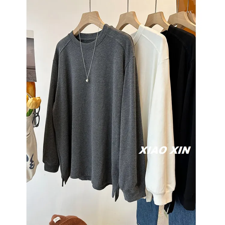 胖妹妹240斤大码设计感开叉内搭加厚磨毛长袖打底衫女秋冬T恤上衣