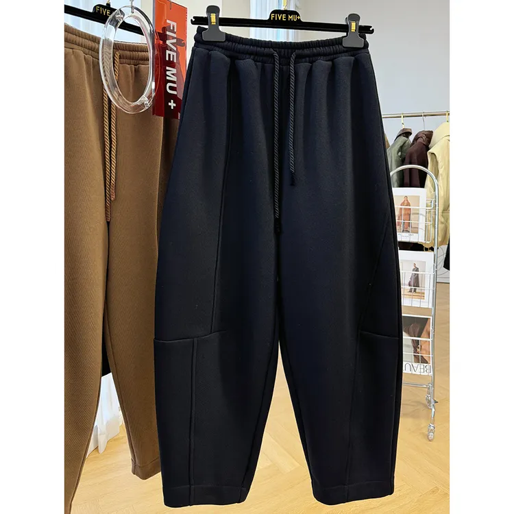 240斤大码胖妹妹加绒一体绒松紧腰抽绳休闲裤女冬九分哈伦裤裤子