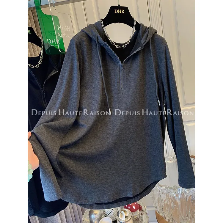 大码240斤早秋高级感连帽打底衫女春秋2024新款胖妹妹长袖T恤上衣