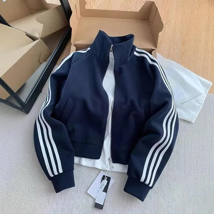 广州十三行爆款藏青色三条杠立领卫衣女秋冬宽松休闲百搭短款外套