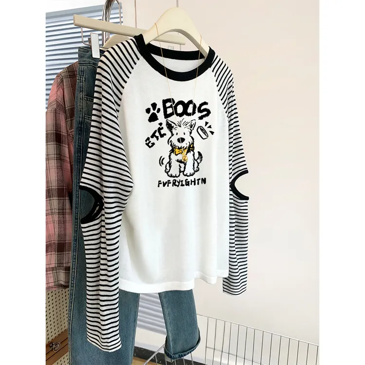 胖mm240斤大码女装插肩条纹镂空减龄长袖春秋2025新款打底衫上衣