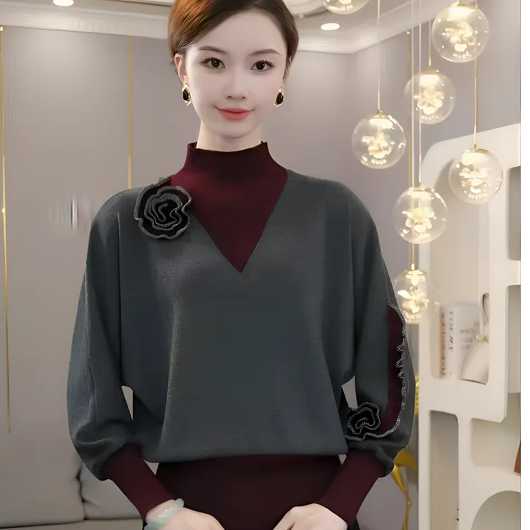 2025秋冬新款时尚洋气立体装饰拼接长袖德绒保暖女气质打底衫上衣