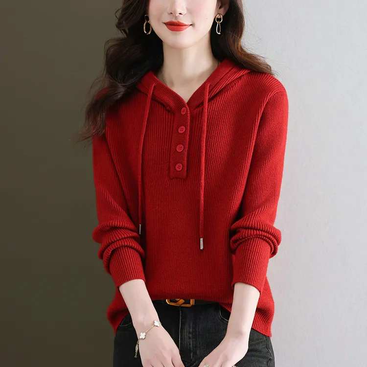 胖mm秋冬大码洋气本命年红色毛衣女宽松遮肚子显瘦连帽针织打底衫