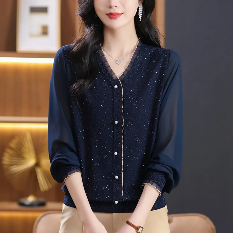 春装大码洋气薄款V领针织上衣女士宽松遮肚子显瘦蕾丝拼接打底衫