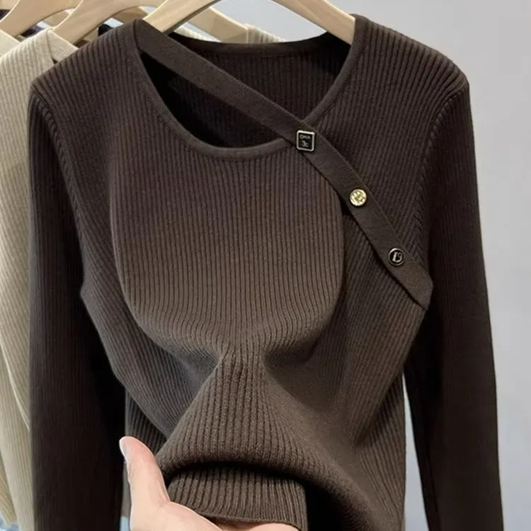 大码秋季修身长袖显瘦针织衫中款毛衣时尚圆领气质百搭设计感上衣