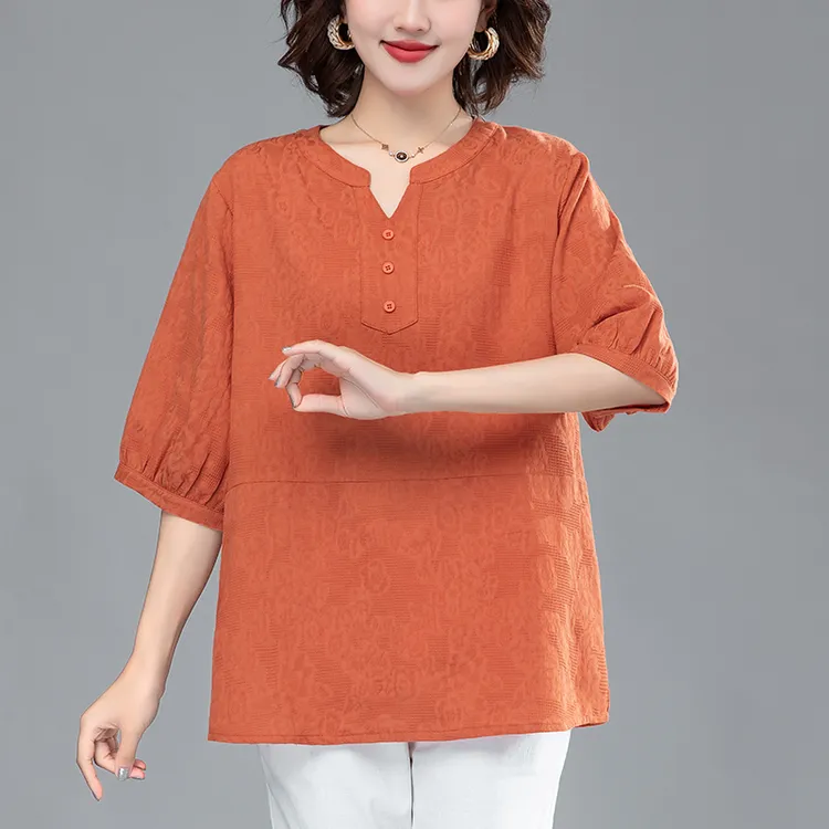 棉麻七分袖衬衫女中老年宽松加肥加大码女装夏季V领妈妈装薄上衣