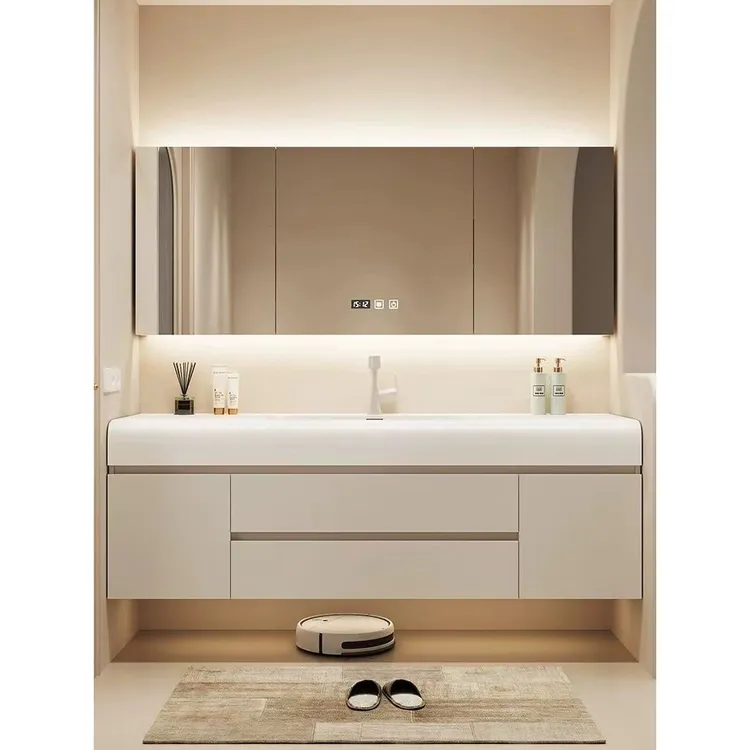 新款智能奶油卫生间洗脸盆肤感一体洗漱洗手洗手池台盆浴室柜组合