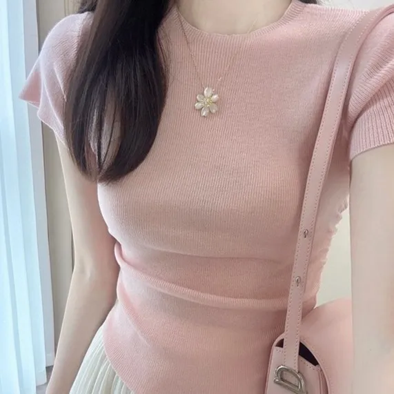 正肩粉色冰丝短袖t恤女夏夏季薄款设计感小众修身短款针织衫上衣
