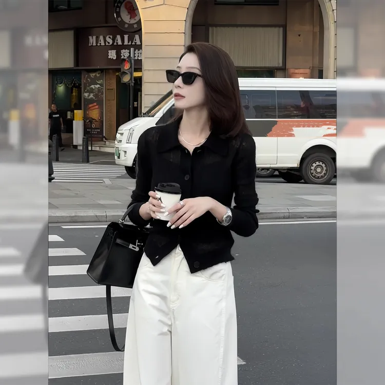 早秋季女装洋气时髦polo领针织开衫短款翻领气质长袖内搭打底上衣