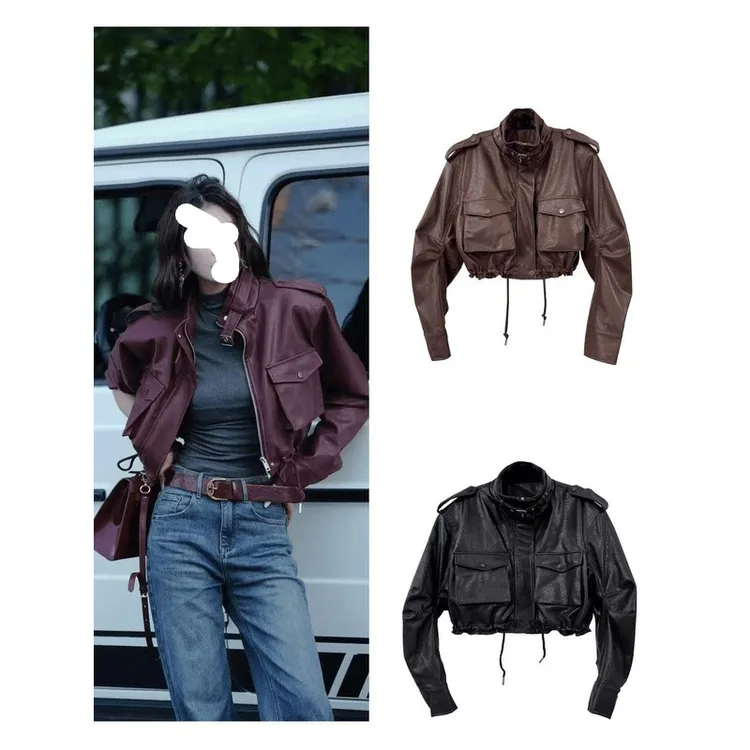 【小琪】时尚气质脖带下抽绳口袋水洗皮衣炸街外套女