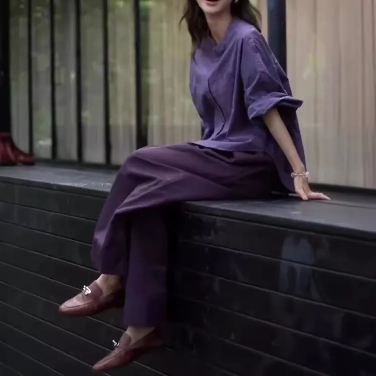 新款时尚百搭精品女装紫色长袖休闲阔腿裤