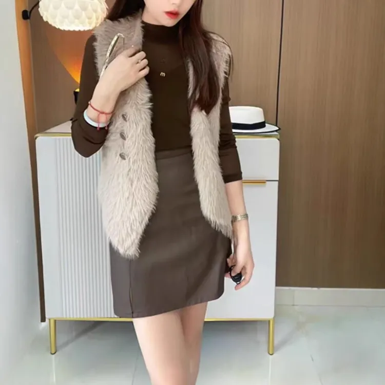 新款修身打底衫无袖毛毛马甲高腰半身裙女装