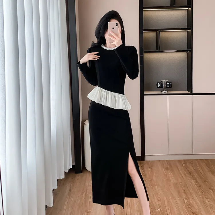 2024秋季新款名媛气质圆领珍珠荷叶边黑色长袖两件套装裙C2L3