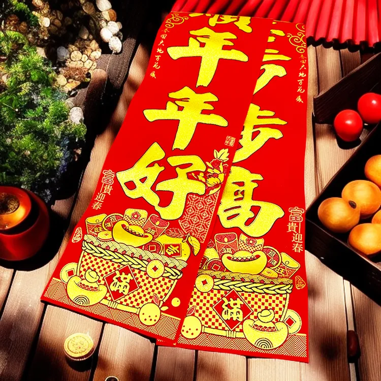 福满满-加厚款高档绒布对联全背胶【送1张福字】2025蛇年春门联别墅