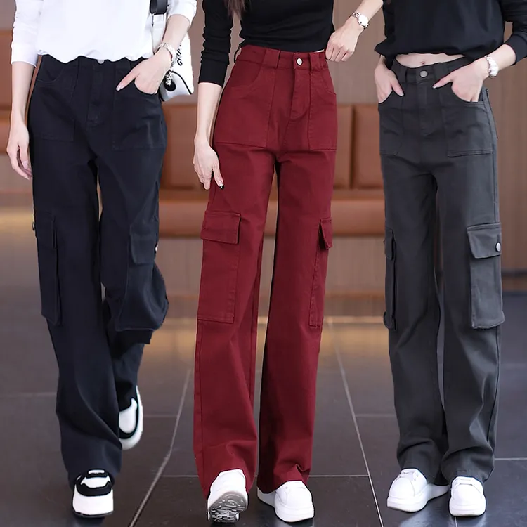 酒红色美式工装裤女秋季2024新款多口袋窄版显瘦百搭直筒休闲裤子
