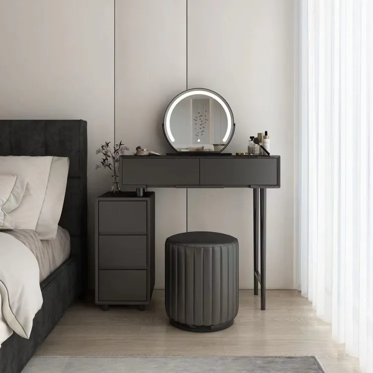 实木梳妆台卧室现代简约迷你小型法式中古奶油风化妆桌收纳柜一体