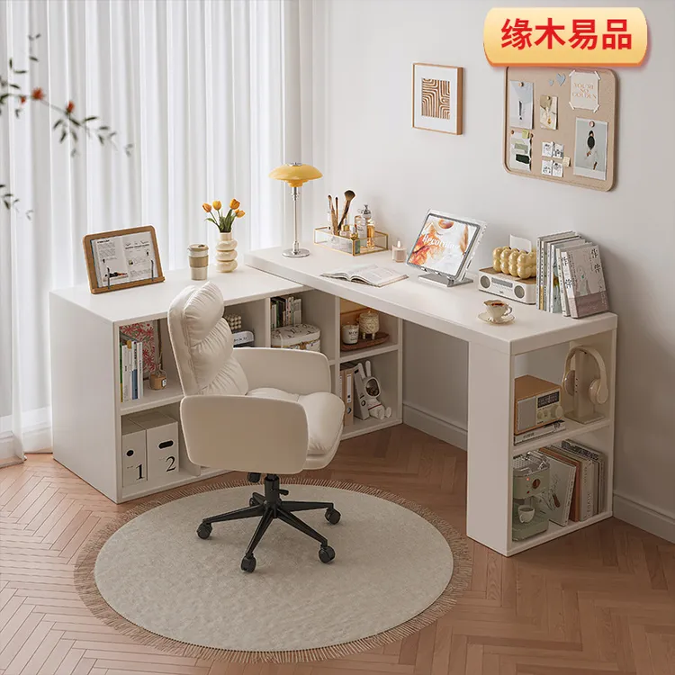 转角书桌家用学习桌子卧室女生梳妆台书柜一体实木l型拐角电脑桌