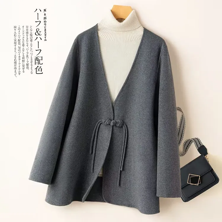 新中式国风盘扣羊毛大衣女双面呢2025秋冬新款宽松纯色毛呢外套