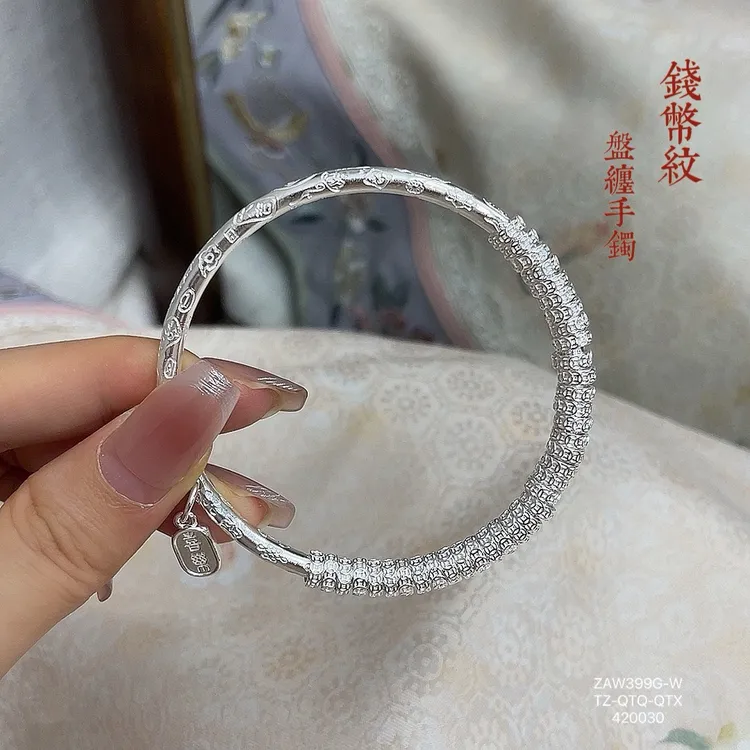 足银手镯 足银999.9盘缠实心手镯时尚百搭个性气质古风可调节