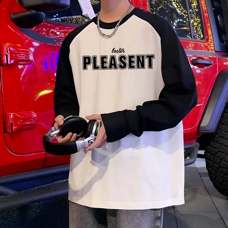 重磅纯棉插肩长袖恤男士春夏季新款美式撞色拼接打底衫宽松百搭