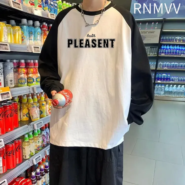 100%纯棉t恤男美式潮牌字母秋季长袖上衣服港风宽松百搭打底衫