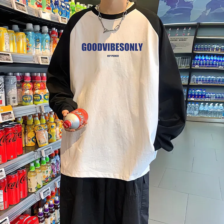 潮牌拼接插肩袖纯棉长袖t恤男士春季新款ins美式宽松打底衫上衣