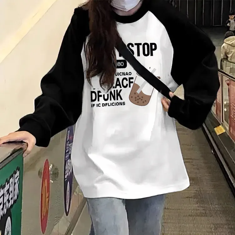 早春夏季纯棉黑白撞色插肩上衣女港风宽松显瘦长袖恤潮打底衫