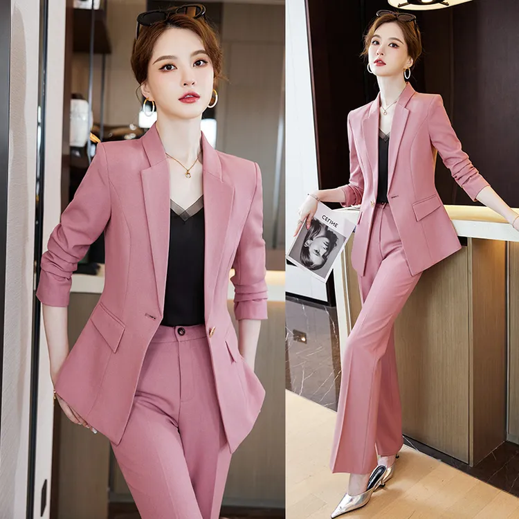 韩版小西装套装修身版春秋时尚粉色减龄职业气质女神范喇叭裤套装