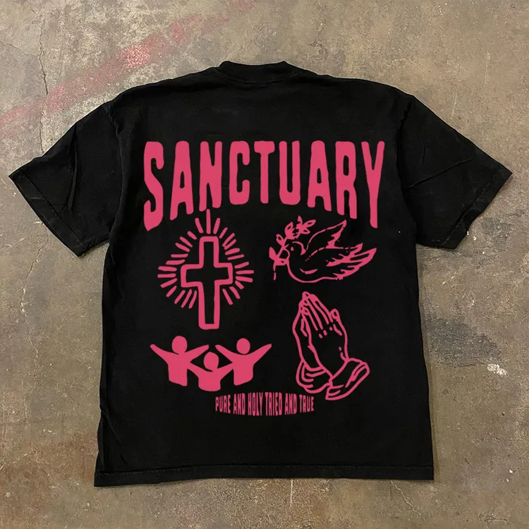 重磅不透轻奢黑粉和平鸽印花圆领短袖上衣情侣美式白T恤oversize