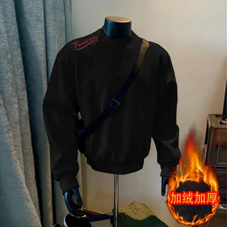 重磅圆领套头卫衣男休闲创意秋冬加绒加厚潮牌个性肩膀字母上衣