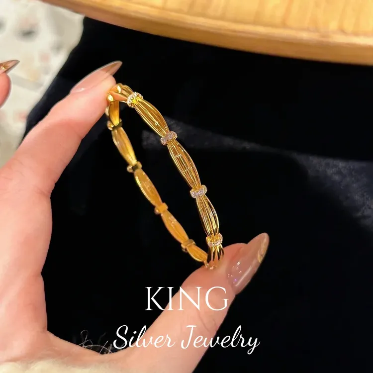 925银手镯 king银饰金色缎带拉丝纹手镯小众气质轻奢时尚百搭复古