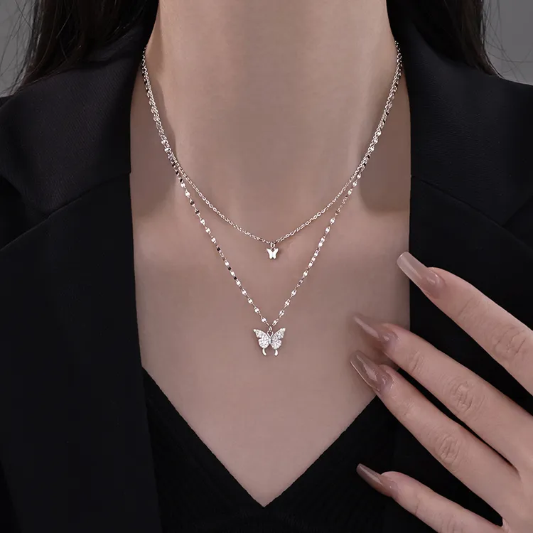 坠链均足银 999足银双层叠戴蝴蝶项链女生2025新款夏天气质锁骨链
