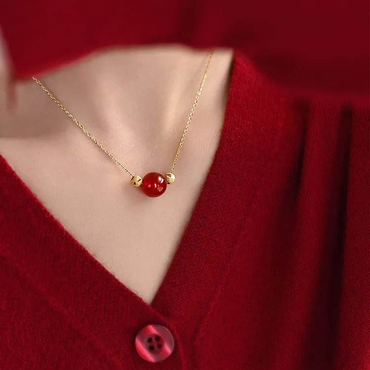  925纯银玛瑙项链红色转运圆珠子吊坠女2024新款爆款小众颈链配饰